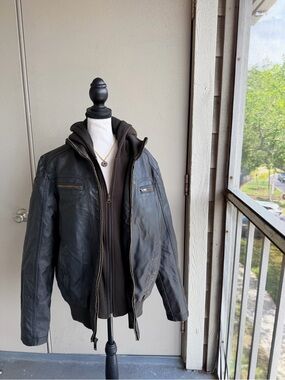 Sean John Men's Black Vegan Leather Bomber Jacket with Hooded Liner